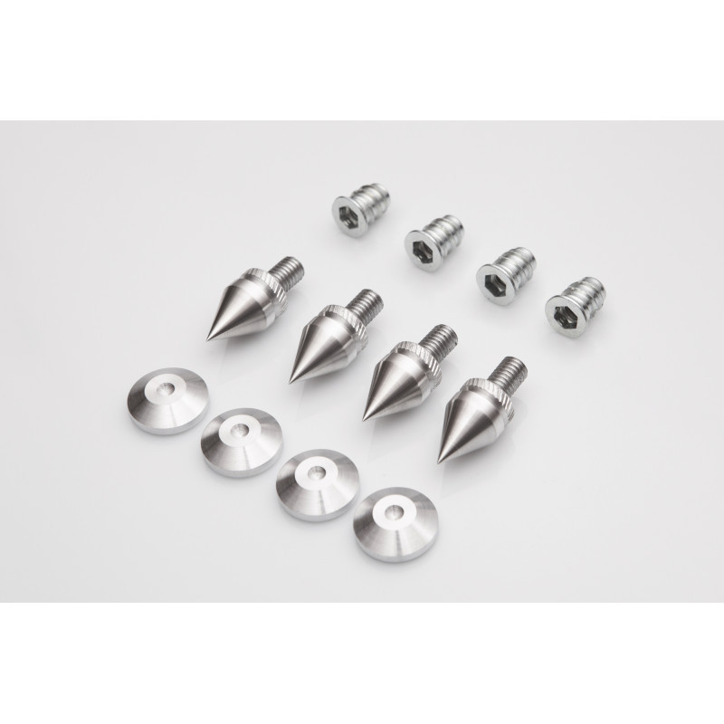 4 pcs. Acoustic Spikes for Speakers and Turntable Platforms – with Locknuts and Pads, Duralumin